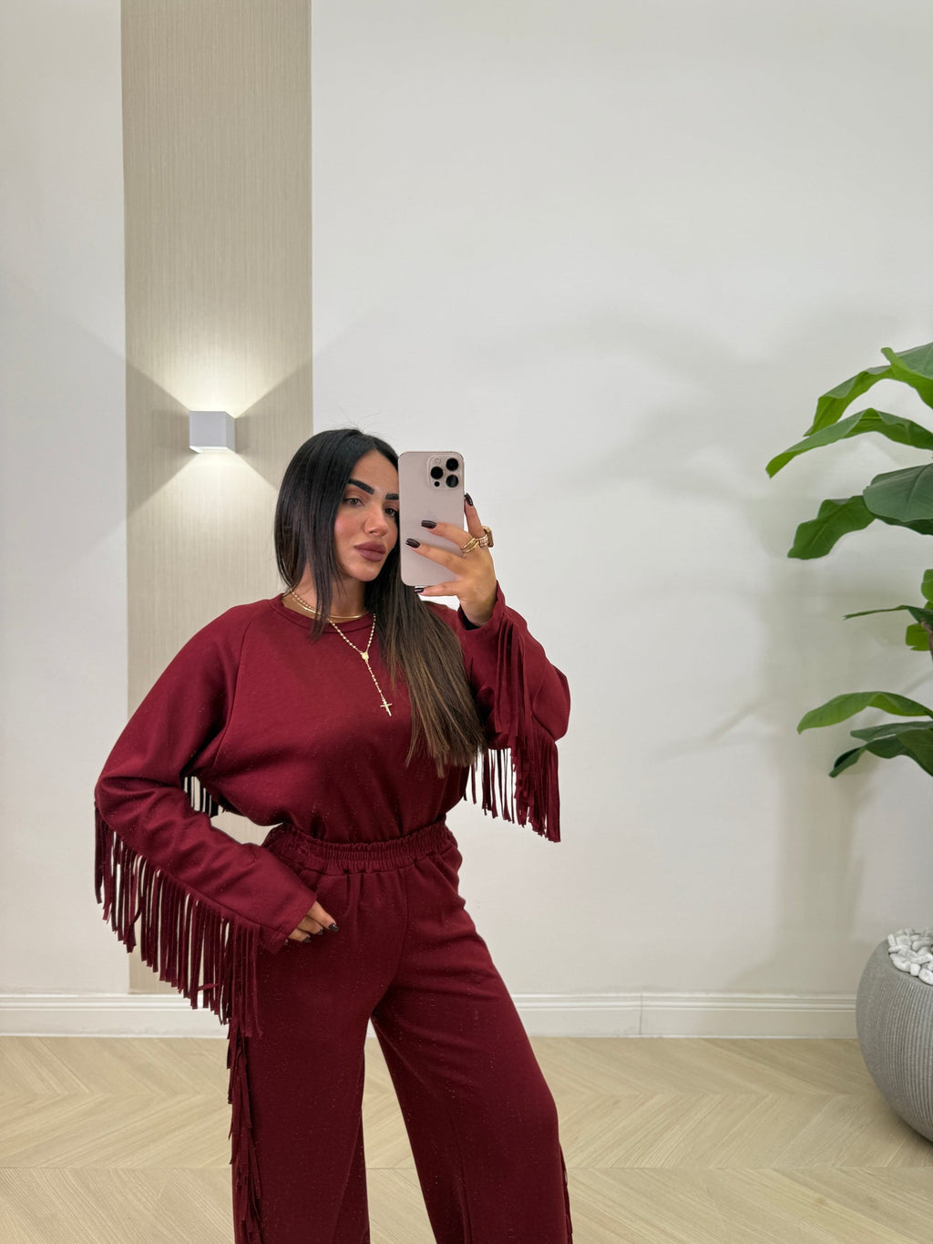 Σετ βουτυρένια φόρμα με διακοσμητικά κρόσσια - Μπορντό