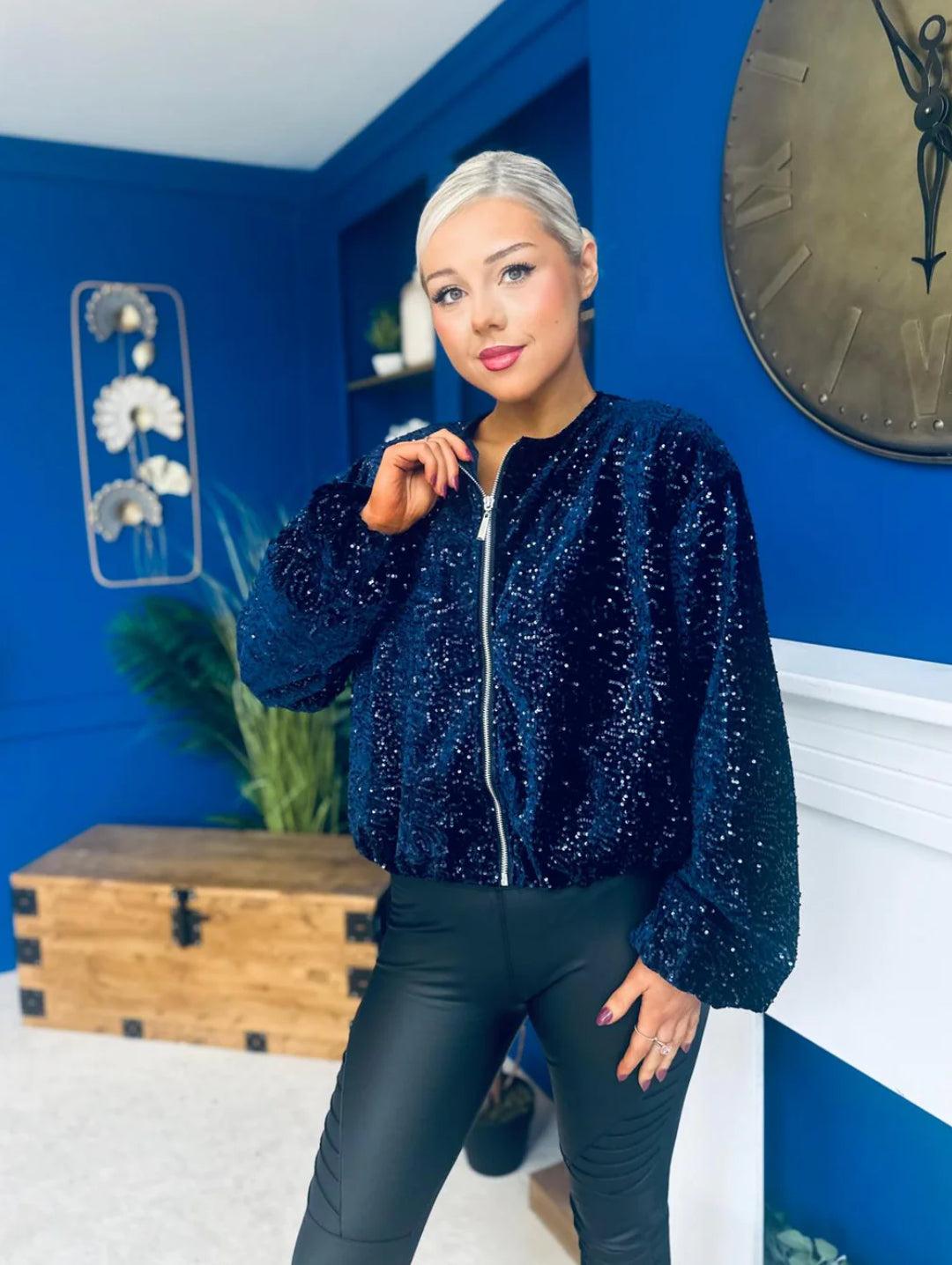 Bomber jacket βελουτέ με παγιέτα - Μπλε σκούρο