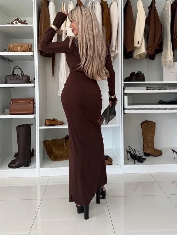 Μαξι φόρεμα με σούρα και V ντεκολτέ - Σοκολατί