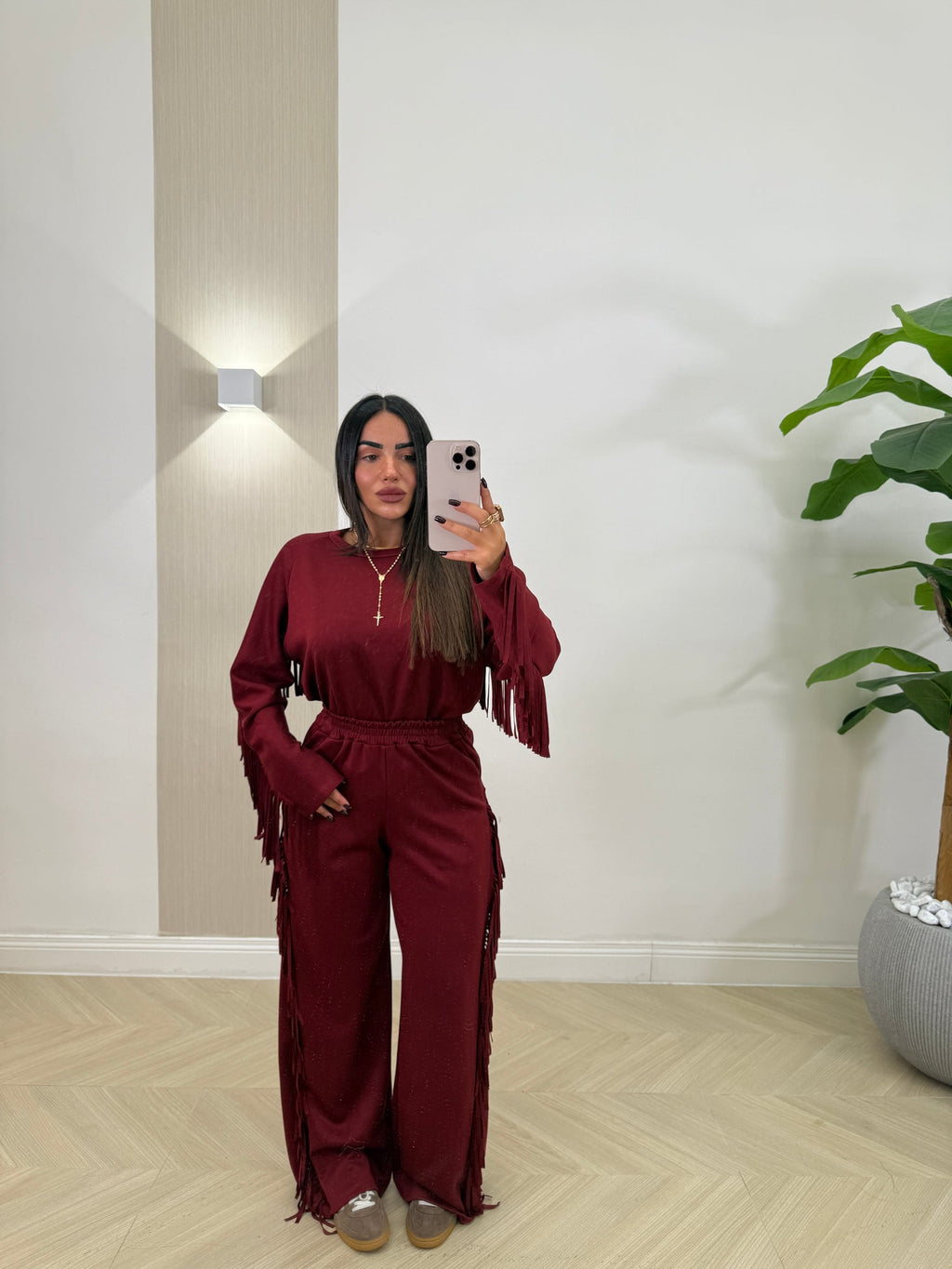 Σετ βουτυρένια φόρμα με διακοσμητικά κρόσσια - Μπορντό