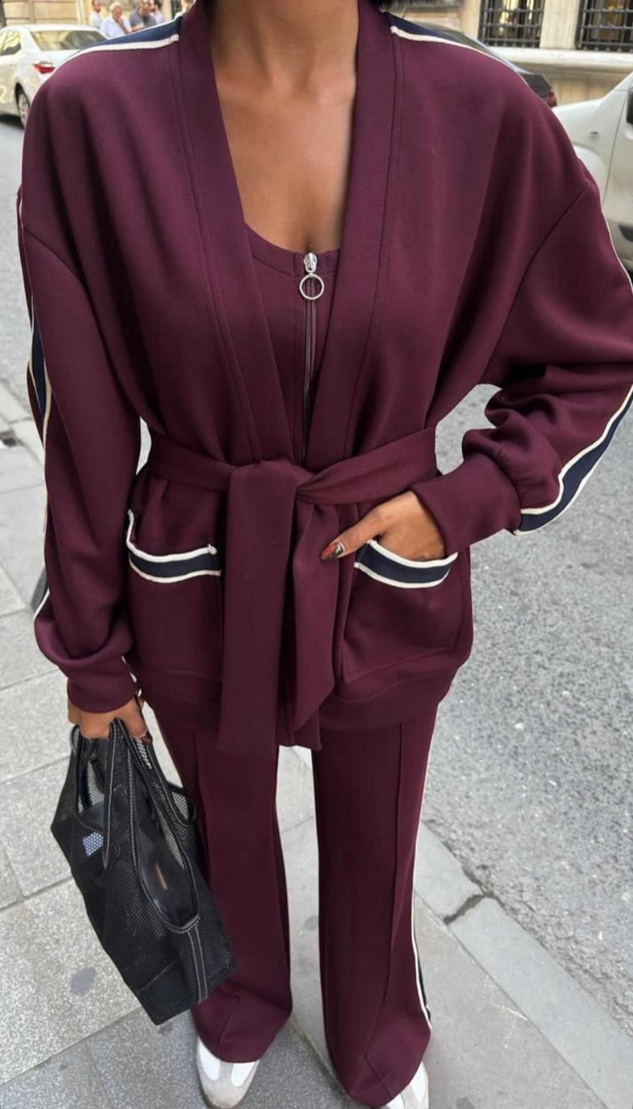 Σετ 3 τεμαχίων, μπλούζα με φερμουάρ, ζακέτα με ζώνη και εφαρμοστό παντελόνι καμπάνα - Μπορντό