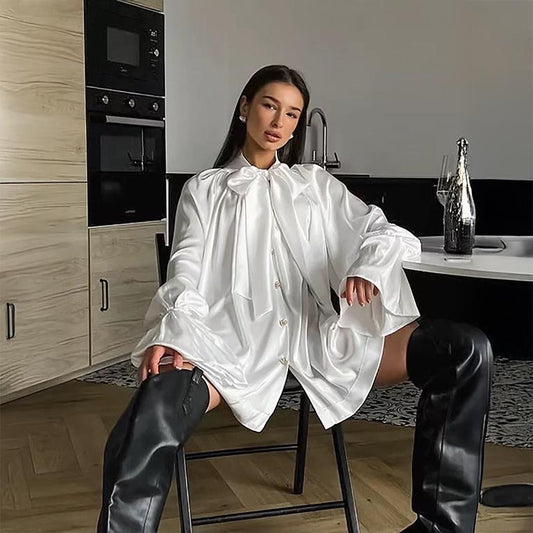 Elegant Bow Satin Shirt Dress - Λευκό