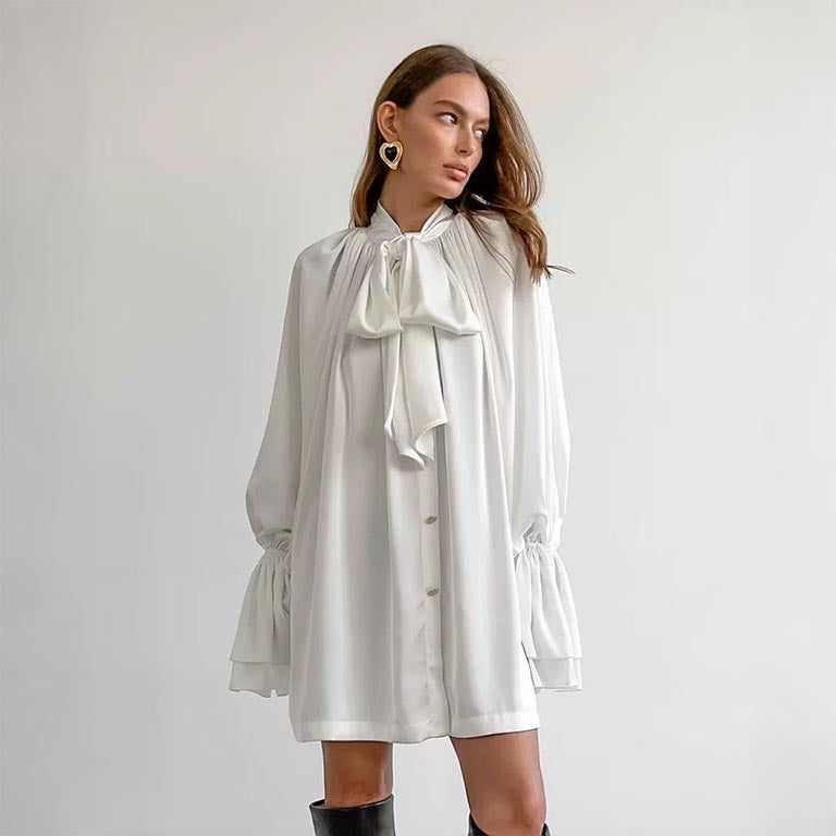 Elegant Bow Satin Shirt Dress - White