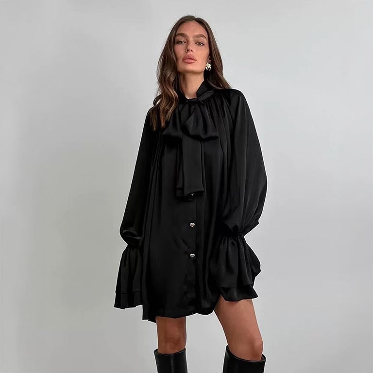 Elegant Bow Satin Shirt Dress - Black
