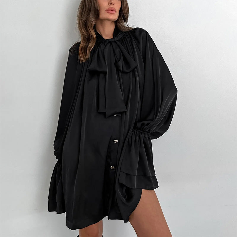 Elegant Bow Satin Shirt Dress - Black