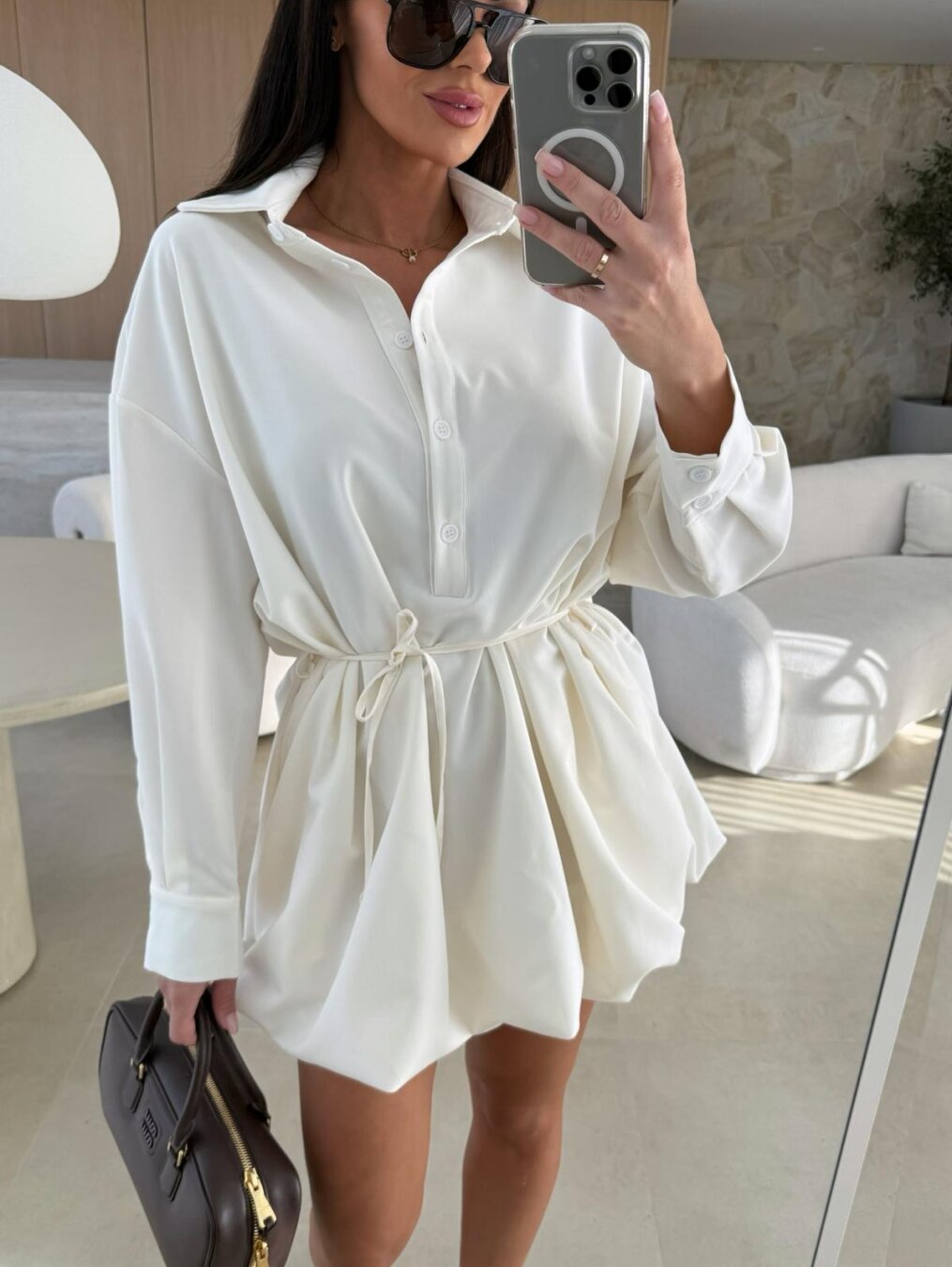 Elegant Shirt Balloon Dress - Λευκό