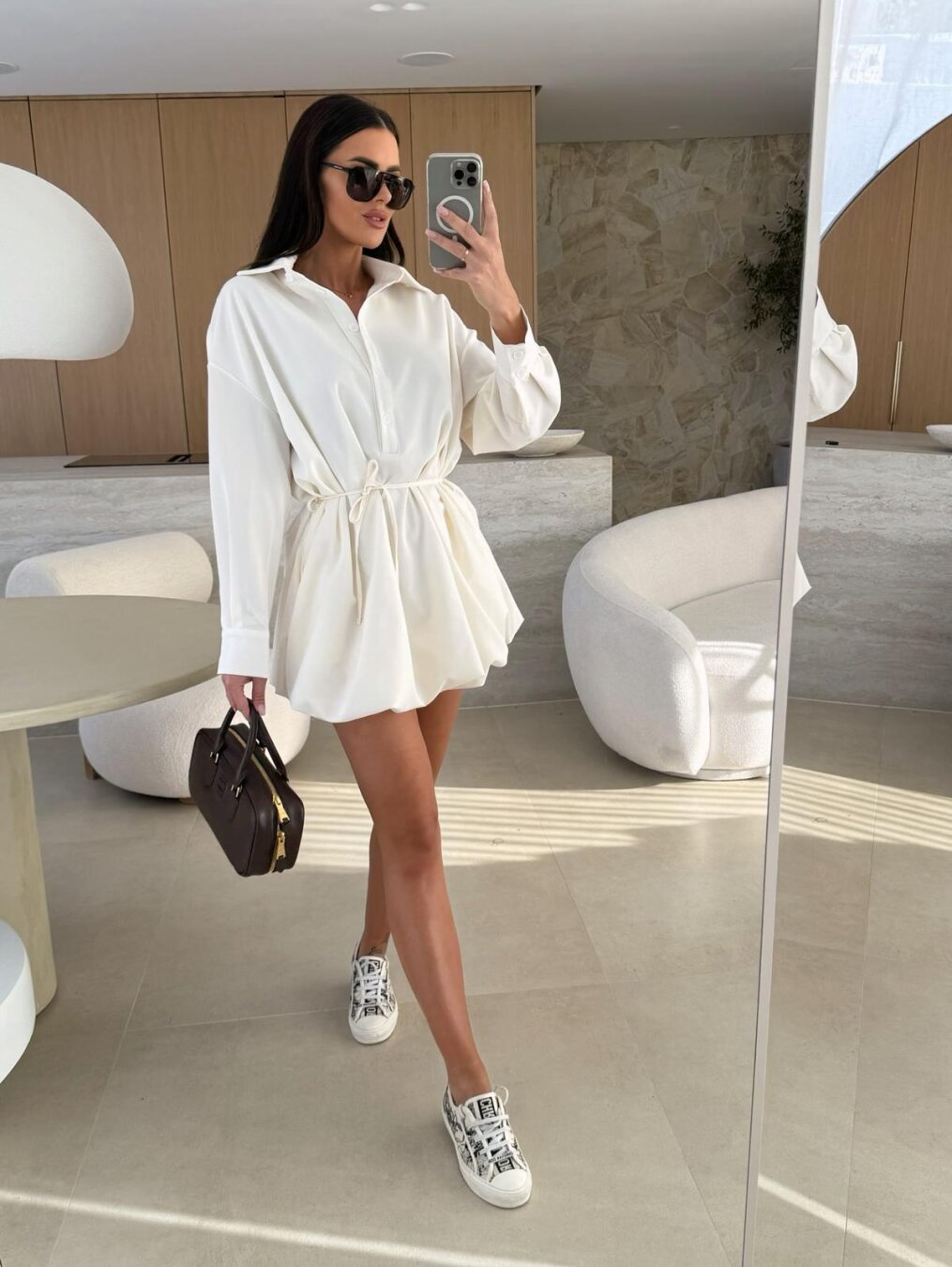 Elegant Shirt Balloon Dress - Λευκό